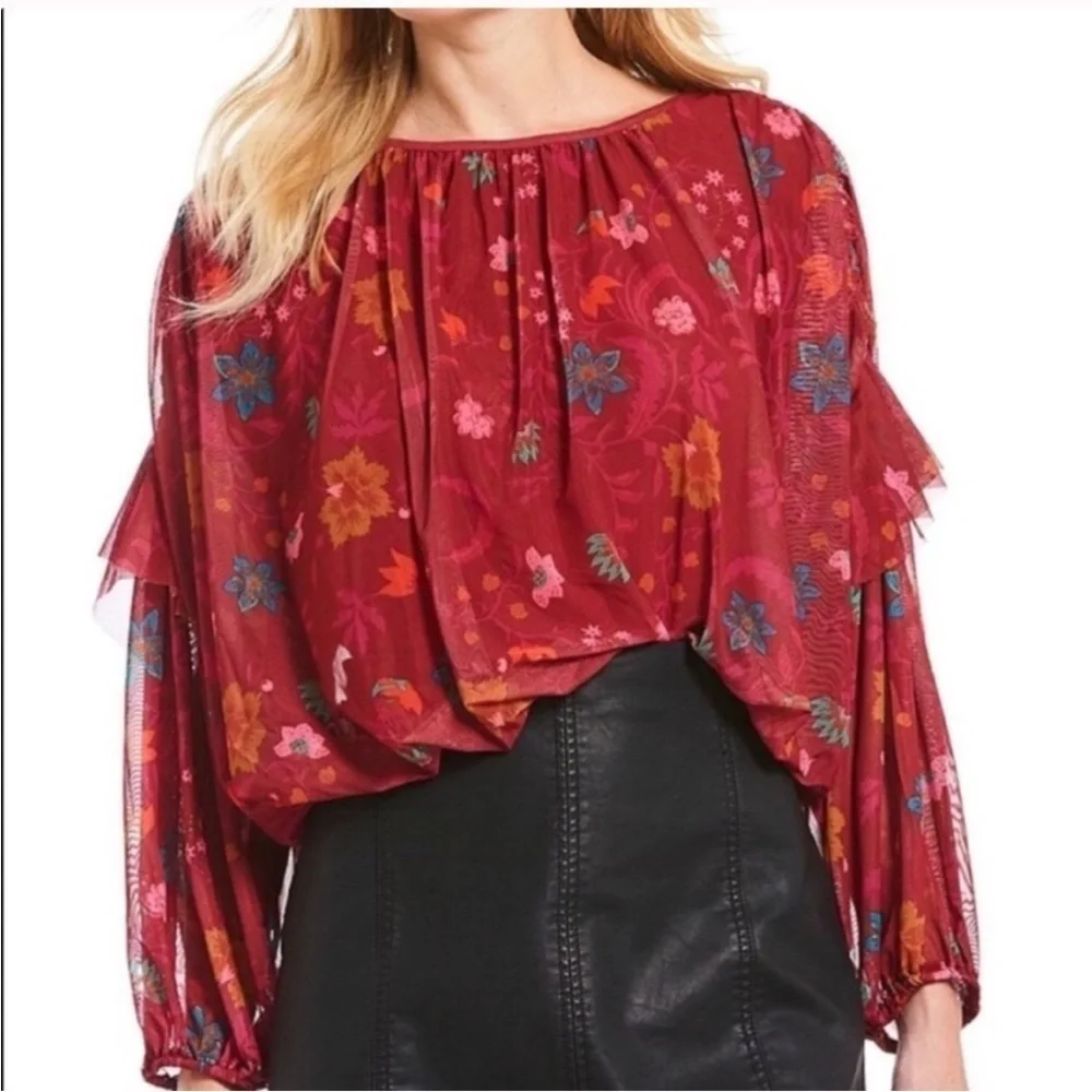 Free People Burgundy M Floral Wildflower Honey Peasant Blouse NWT
